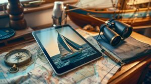 Tablet with a sailboat picture on top a navigation desk.